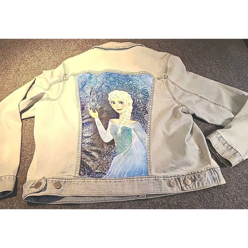 OOAK  Unique Womans Handpainted A.N.A. Jean Jacket XL Denim Frozen Disney Elsa